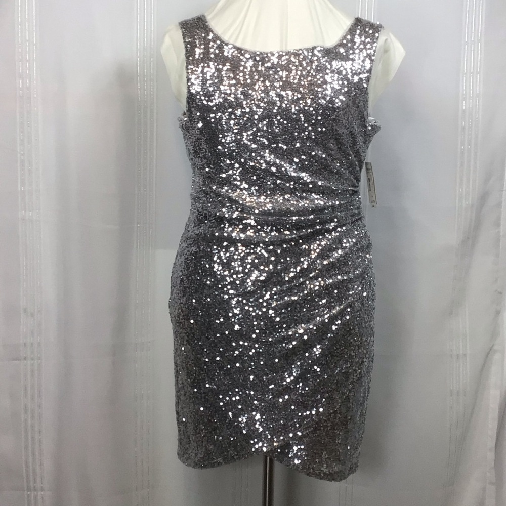 🤍 Bisou Bisou Sparkling Silver Sequined Ruched Popover Mini Dress Sz.14